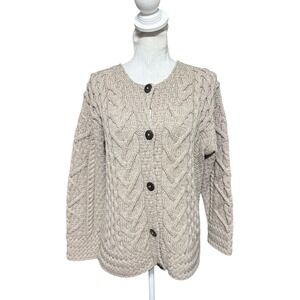 Carraig Donn Cardigan Womens XL Brown Cable Knit Merino Wool Crew Jumper Sweater